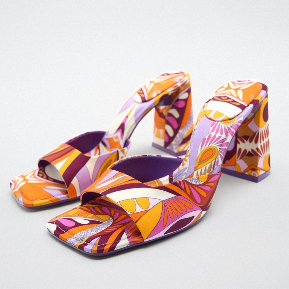 Zara Orange Purple Pink Patterned Block Heel Sandals